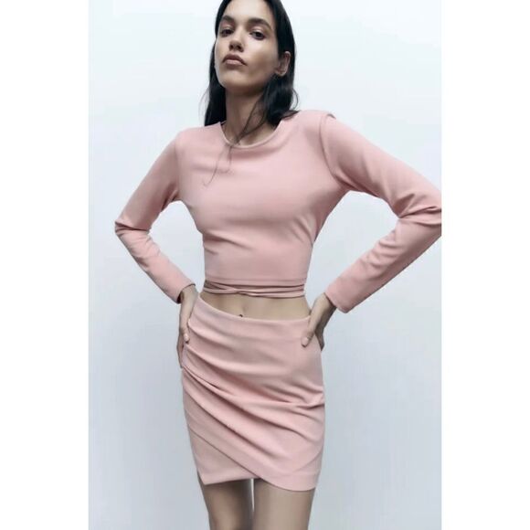 NWT Zara Long Sleeve Crop Top with Bow in Pale Pink, Size XS - Picture 2 of 16